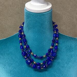 Vintage Cobalt Blue Layered Beaded Necklace Gold Tone Statement Jewelry
